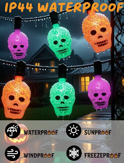 10.5ft Halloween Skull Lights Plug In, UL Certified Connectable String Lights for Outdoor Indoor Halloween Decor, Waterproof Spooky Decorations with Spare Bulb & Clips for Yard, Party, Porch