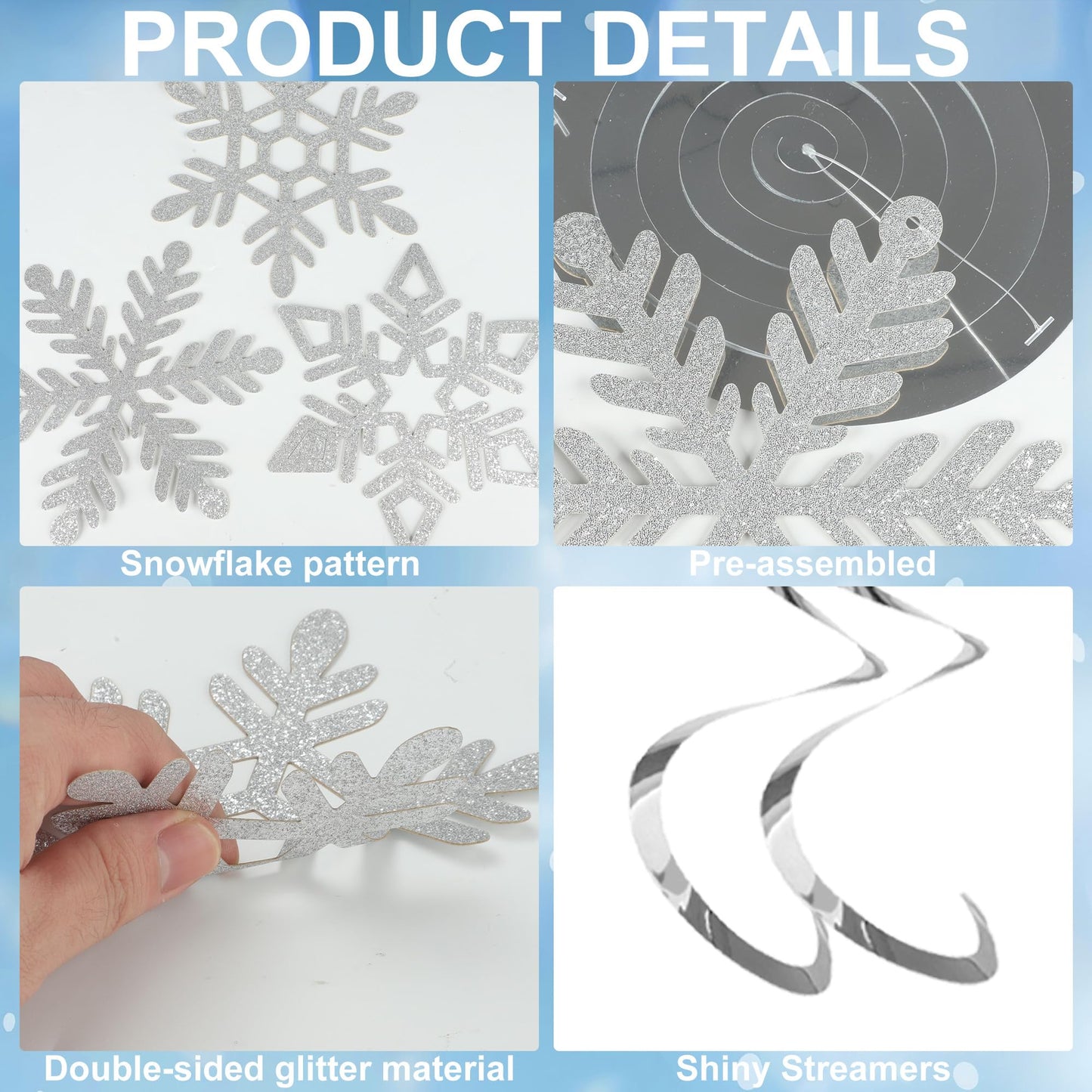 32 PCS Pre-Strung Winter Snowflake Hanging Swirl Decorations White Silver Glitter Snowflakes Hanging Swirls Christmas Snowflake Ceiling Streamers for Winter Wonderland Home Party Supplies