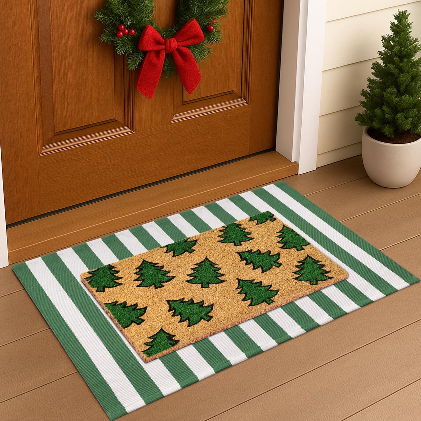 Christmas Door Mat Set 2-Piece, 17"x30" Coir Welcome Mat with Green Tree Pattern and 28"x43" Green White Striped Rug, Layered Front Porch Combo for Holiday Entryway Outdoor Decor
