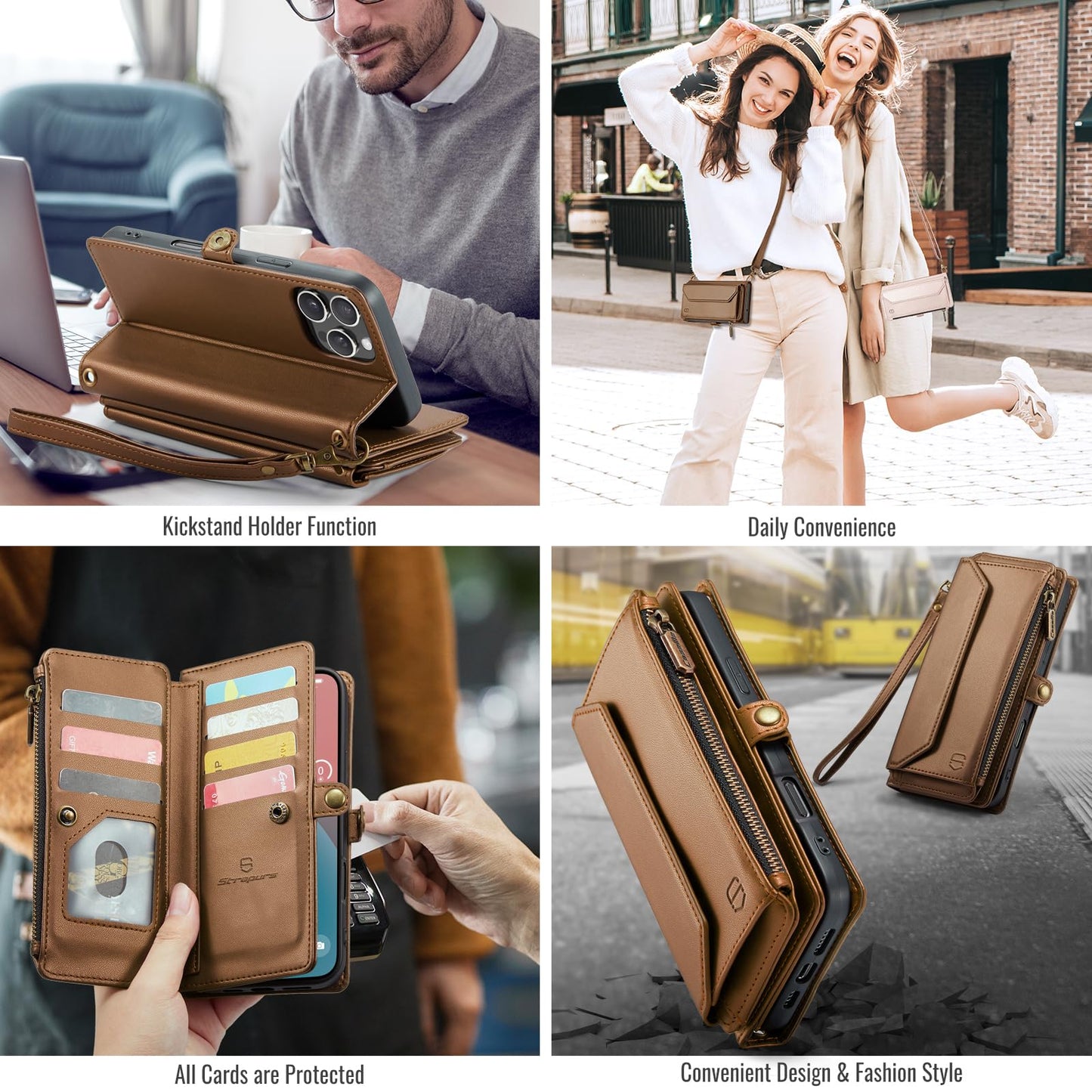Strapurs Wallet Case Compatible with iPhone 16 Pro Max 6.9" RFID Blocking 10-Card Holder Soft PU Leather Magnetic Snap Shoulder Strap Zipper Pocket Phone Case Fit for iPhone 16 Pro Max - Brown