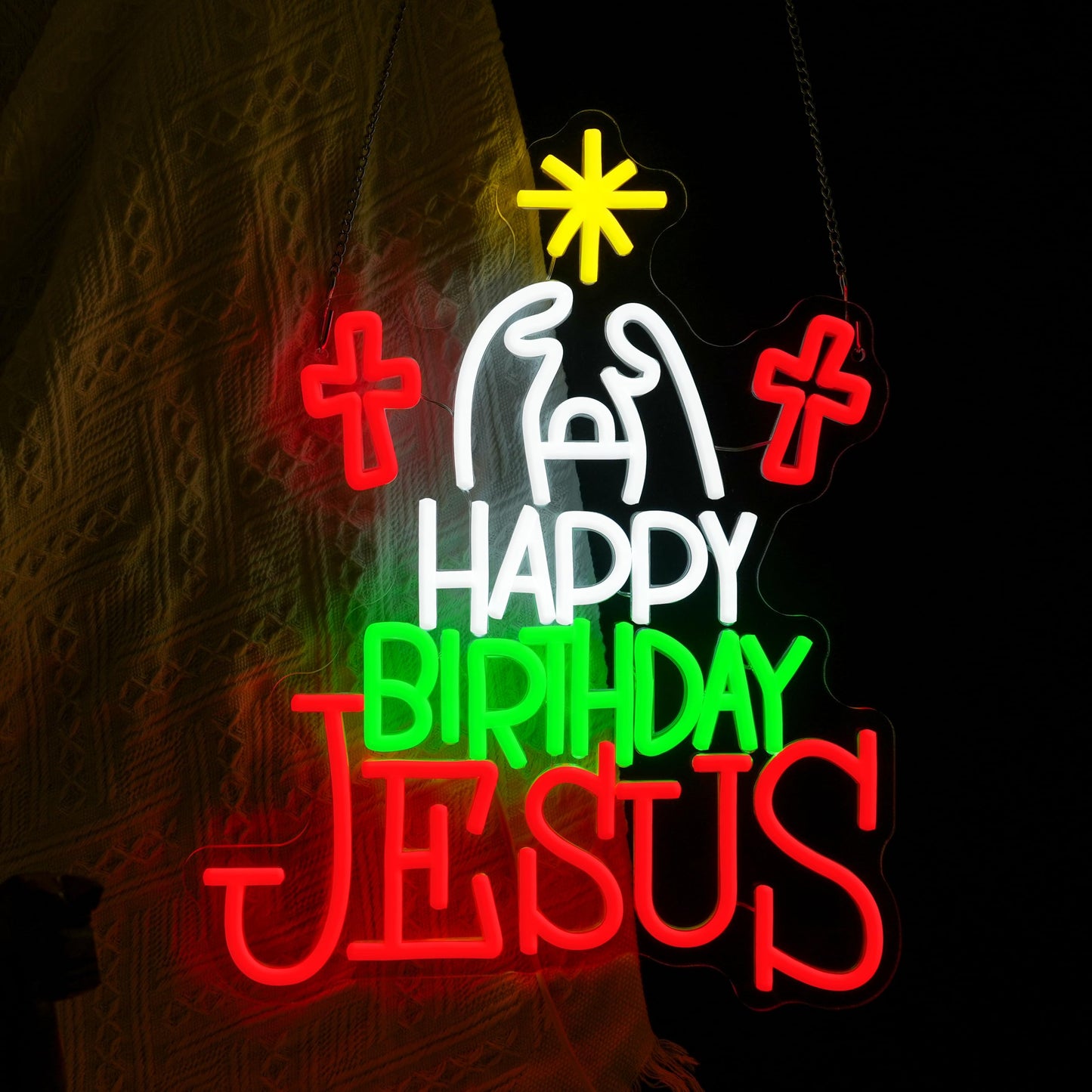 JLEWUINH Happy Birthday Jesus Neon Sign for Christmas Decor Cross Neon Light Sign Dimmable USB Led Christian Religious Neon Wall Decor for Church Home Nativity Scene Faith-Based Holiday Gift