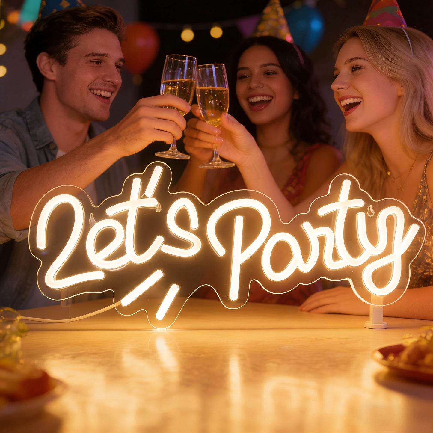Lets Party White LED Neon Sign, USB Powered Decorative Neon Light for Home Living Room Birthday Party Space Wall Table Decor, Dimmable Light Up Sign 16.3 x 7.1 In