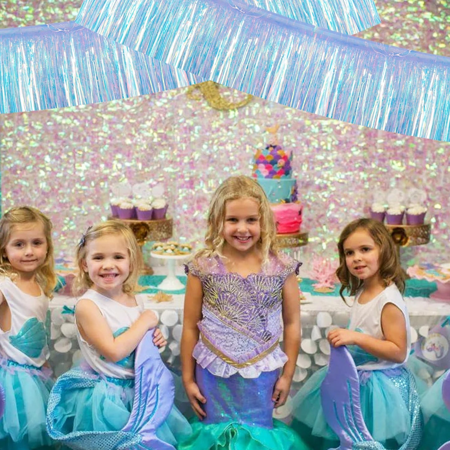 BEISHIDA 3 Packs 30 Feet Metallic Foil Fringe Garland Tinsel Streamers，Iridescent Blue Wall Hanging Tinsel Fringe Banners for Wedding Birthday Party Decoration Halloween Christmas New Year