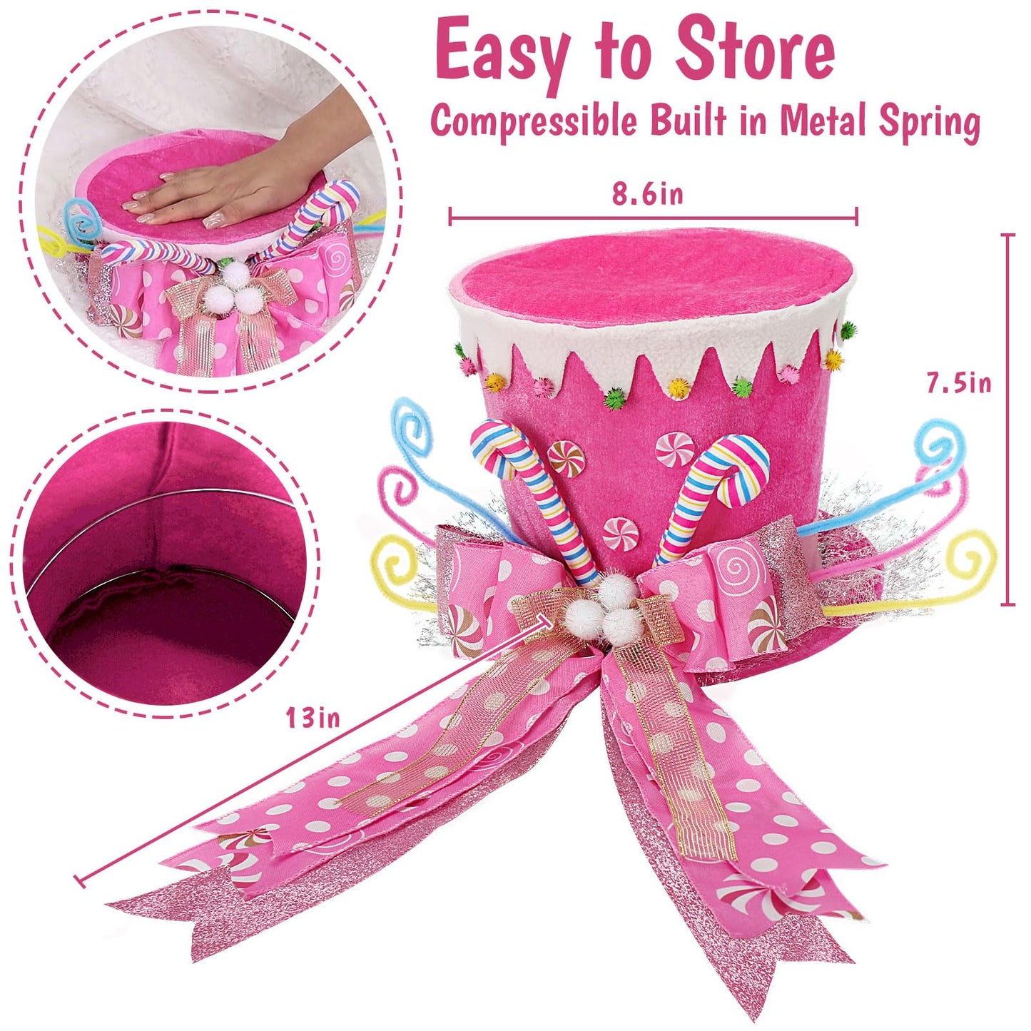 AWHETIE Candy Cane Christmas Tree Topper,Candy Cane Christmas Decorations,Velvet Pink Hat with Peppermint Bows Ribbon Ornaments,Top Hat Christmas Tree Topper for Holiday Xmas Decorations (Pink)