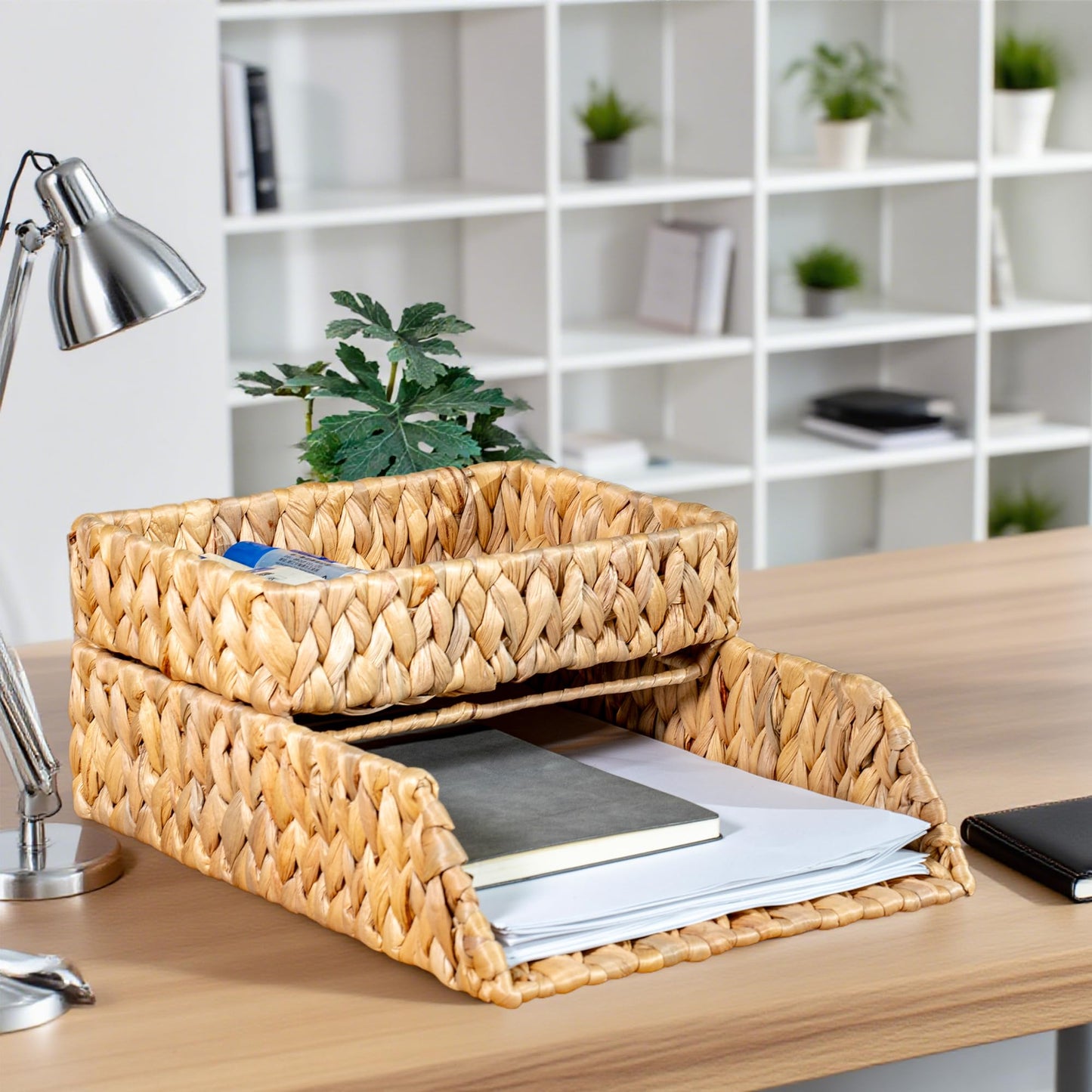 PINXIURY Woven Water Hyacinth Paper Organizer for Desk – Set of 2 Letter Trays – Tabletop Folder & Document Storage Trays – Desktop File Organizer for Home & Office