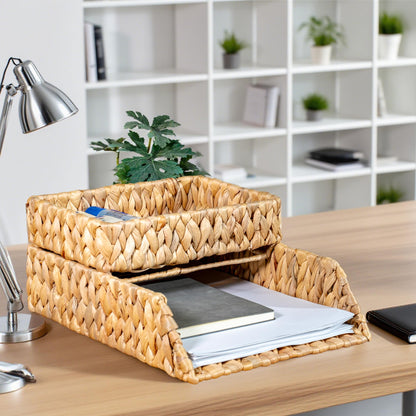 PINXIURY Woven Water Hyacinth Paper Organizer for Desk – Set of 2 Letter Trays – Tabletop Folder & Document Storage Trays – Desktop File Organizer for Home & Office