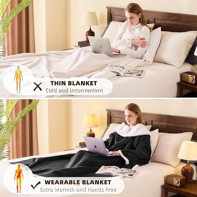 IFNOW Sherpa Wearable Blanket with Sleeves for Women Men Adults, Cozy Wearable Blanket with Arm and Pocket, Warm Full Body TV Wrap Throw Blanket, Soft Robe Blanket as Gifts for Mom Wife, Black