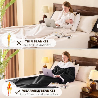 IFNOW Sherpa Wearable Blanket with Sleeves for Women Men Adults, Cozy Wearable Blanket with Arm and Pocket, Warm Full Body TV Wrap Throw Blanket, Soft Robe Blanket as Gifts for Mom Wife, Black