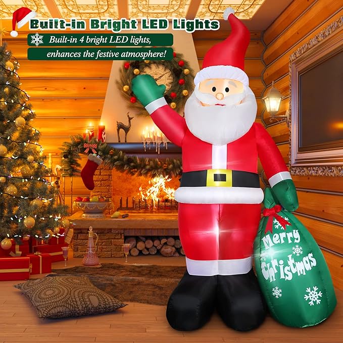 8 FT Christmas Inflatable Santa Claus Outdoor Decoration for Yard, Blow up Santa Decor with Big Gift Bag, Built-in LED Lights for Garden Patio Lawn Home Indoor Winter Holiday Party, IP44 Weatherproof