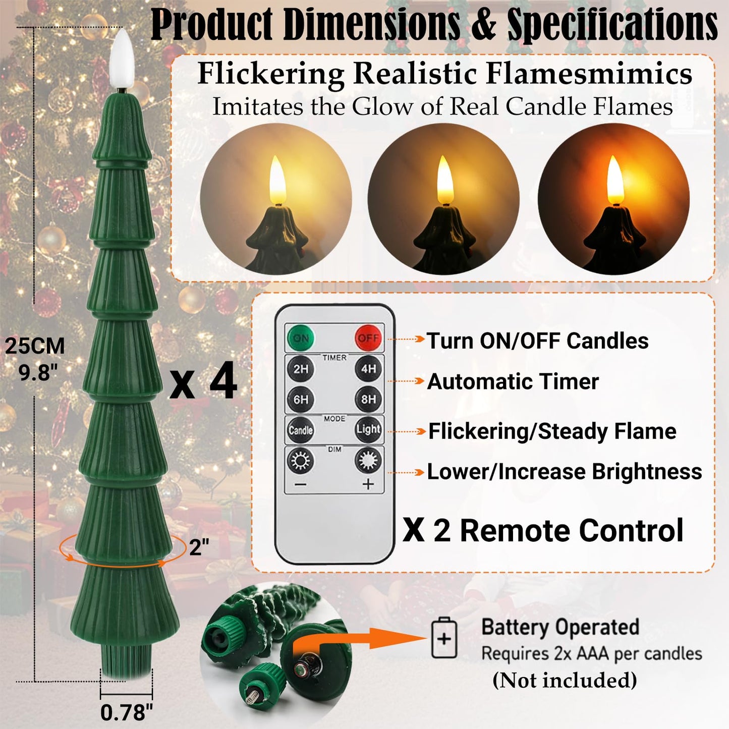 FYBW Christmas Tree Flameless Taper Candles with 10-Key Remote Timer,4 Pcs Green LED Taper Candles with 3D Flame for Holiday Decorations(Green-C)