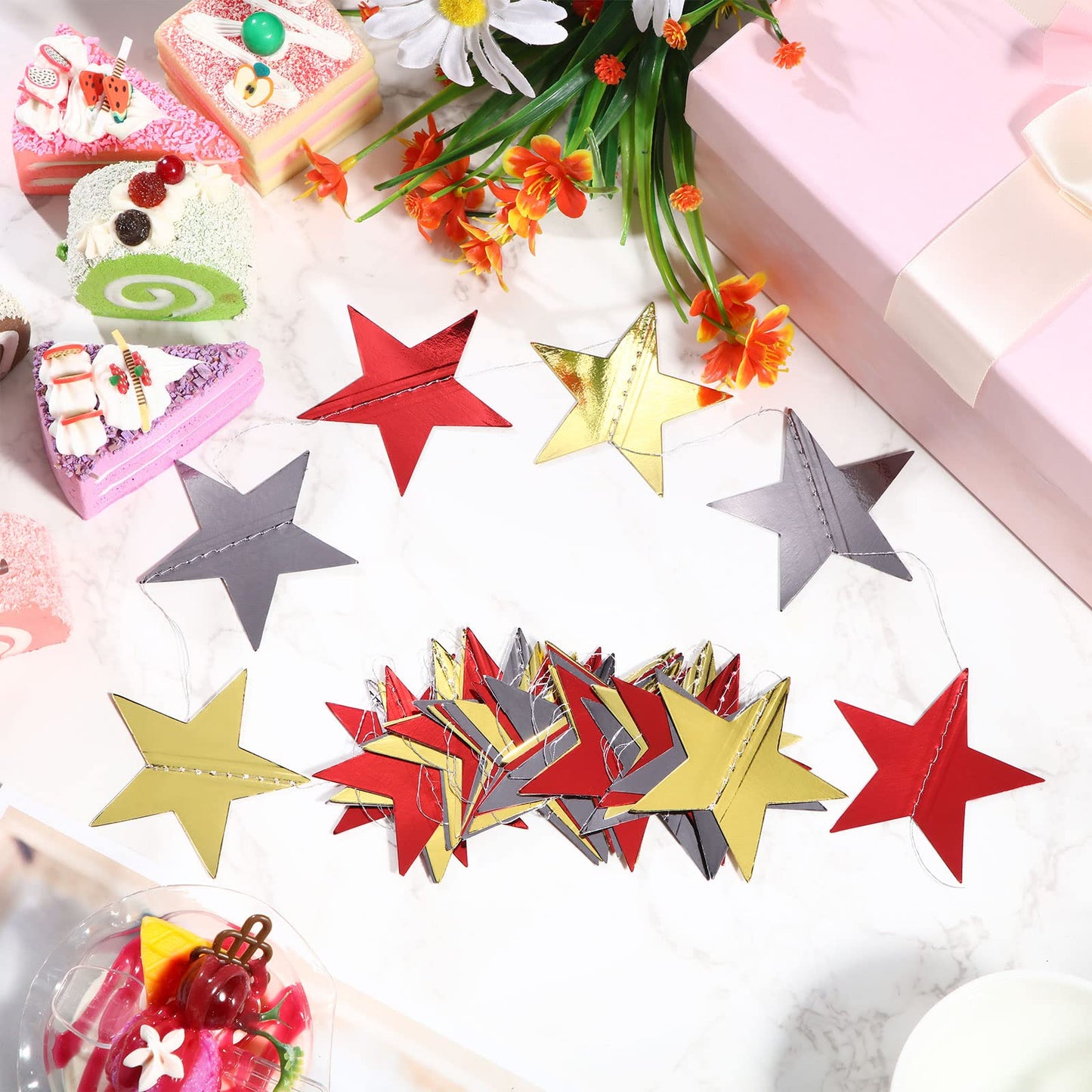 Patelai Glitter Star Garland Banner 2026 Graduation Decor 130 Feet Star Hanging Banner Twinkle Backdrop for Party Birthday Classroom Wedding Supplies(Red, Black, Gold)