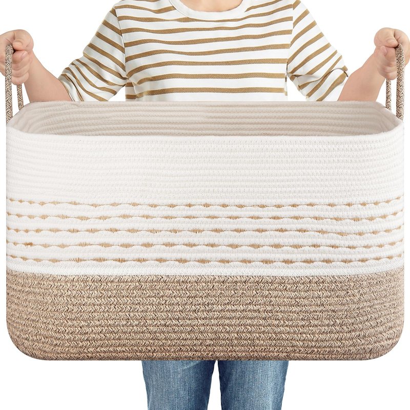 OIASKET 75L Large Cotton Rope Storage Basket, Soft Decorative Blanket Basket for Living Room & Bedroom, Boho Laundry Hamper with Handles Capable of Holding Pillows, Clothes and Toys-Brown & White
