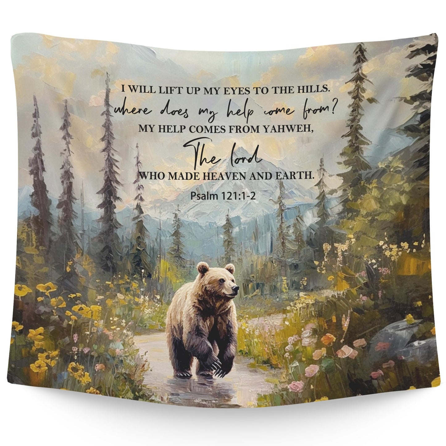WAITPI Christian Woodland Mountain Hanging Wall Tapestry for Bedroom, Farmhouse Bear Forest Psalm 121:1-2 Bible Verse Scripture Wall Hanging Decor Tapestry for Home Living Room, 50x60in