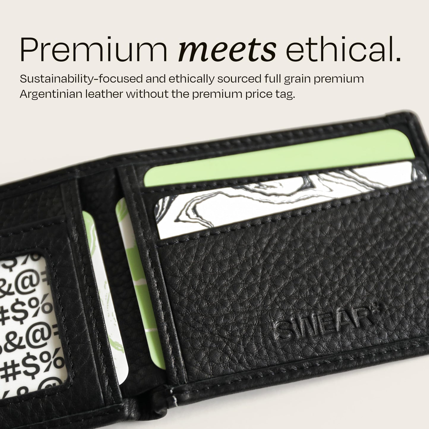 Swear Brands Full-Grain Leather Wallet | Slim RFID Blocking Bifold Design with Cash Pocket & Card Pull Strap | Holds 1-12 Cards | Stylish & Durable (Black)
