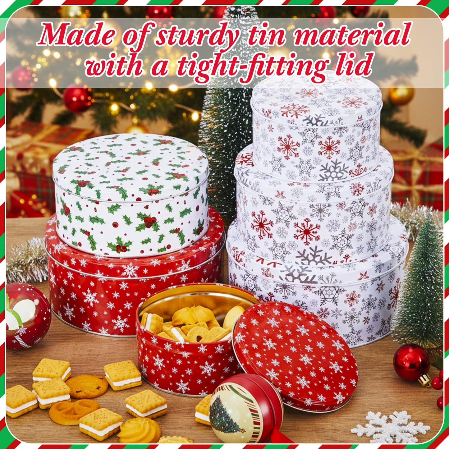 Yaomiao 9 Pcs Christmas Cookie Tins Set 3 Sizes Decorative Cookie Boxes Christmas Tins with Lids Holiday Treats Round Metal Nesting Containers Candy Biscuits Treat Boxes(Berries,Snowflakes,Tree)