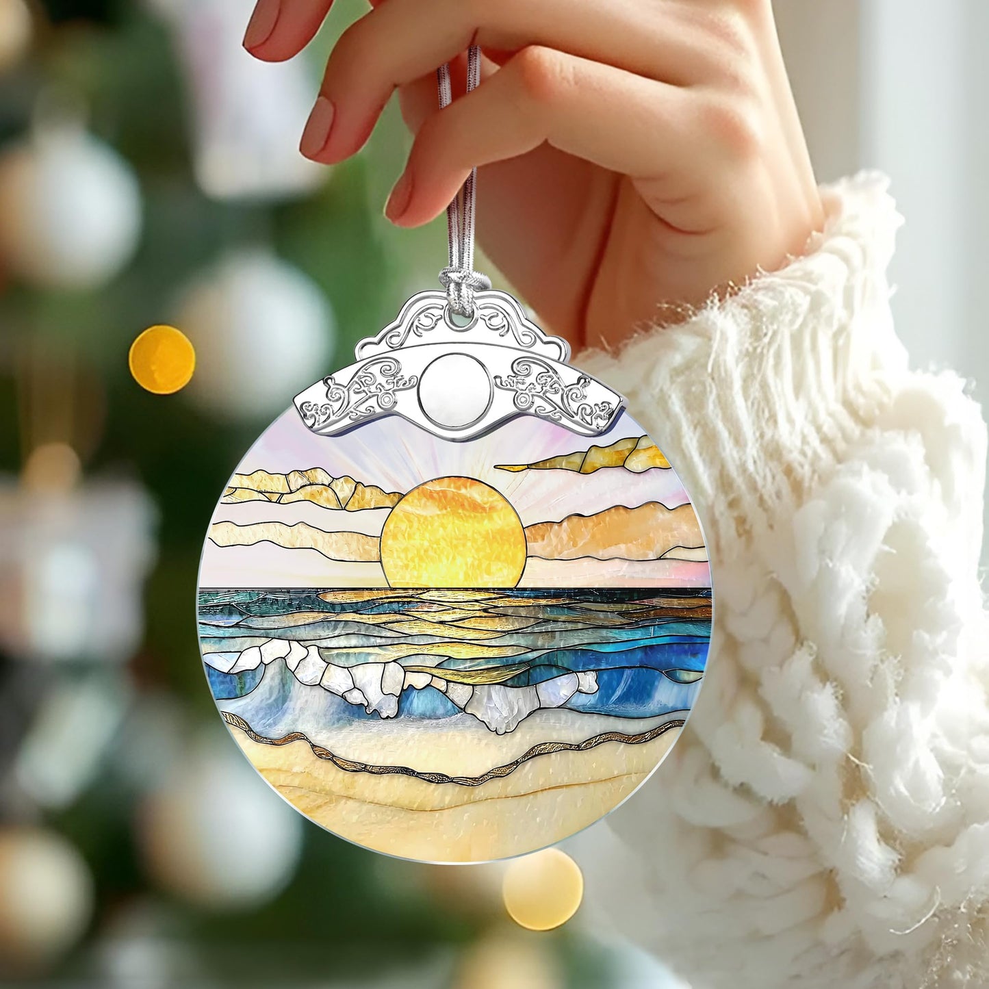 Beach Sunset Stained Glass Ornament, Christmas Ornament – Christmas Tree Decor, Holiday Decoration, Stocking Stuffer, Festive Gift Idea, Gifts for Ocean Lover, Nature Lover, Friend, and Family