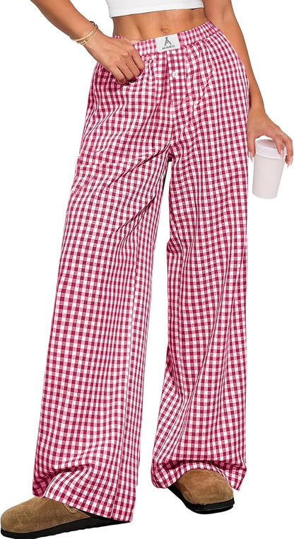 ANRABESS Womens Striped Gingham Pants 2025 Pajama Lounge Boxer Pants Cute Comfy PJ Bottoms with Pockets Y2K Plaid Outfits