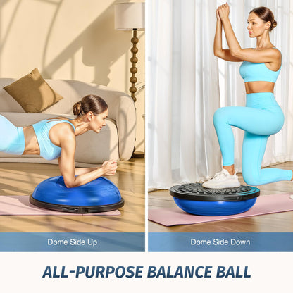 ZELUS 25in. Balance Ball | 600lb Inflatable Half Exercise Ball Wobble Board Balance Trainer w Nonslip Base | Half Yoga Ball Strength Training Equipment w 2 Bands, Pump, Extra Ball Included (Blue)