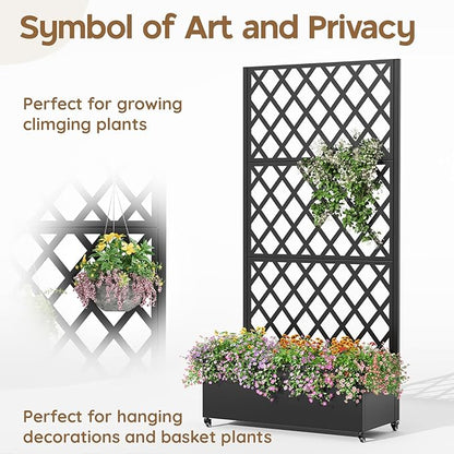 Metal Raised Garden Bed with Trellis & Wheels,72" x 35"x 15.7" Planter Box with Trellis,Privacy Planters for Patio,Garden Bed for Climbing Plants,Suitable for Climbing Plants and Vegetables,Black