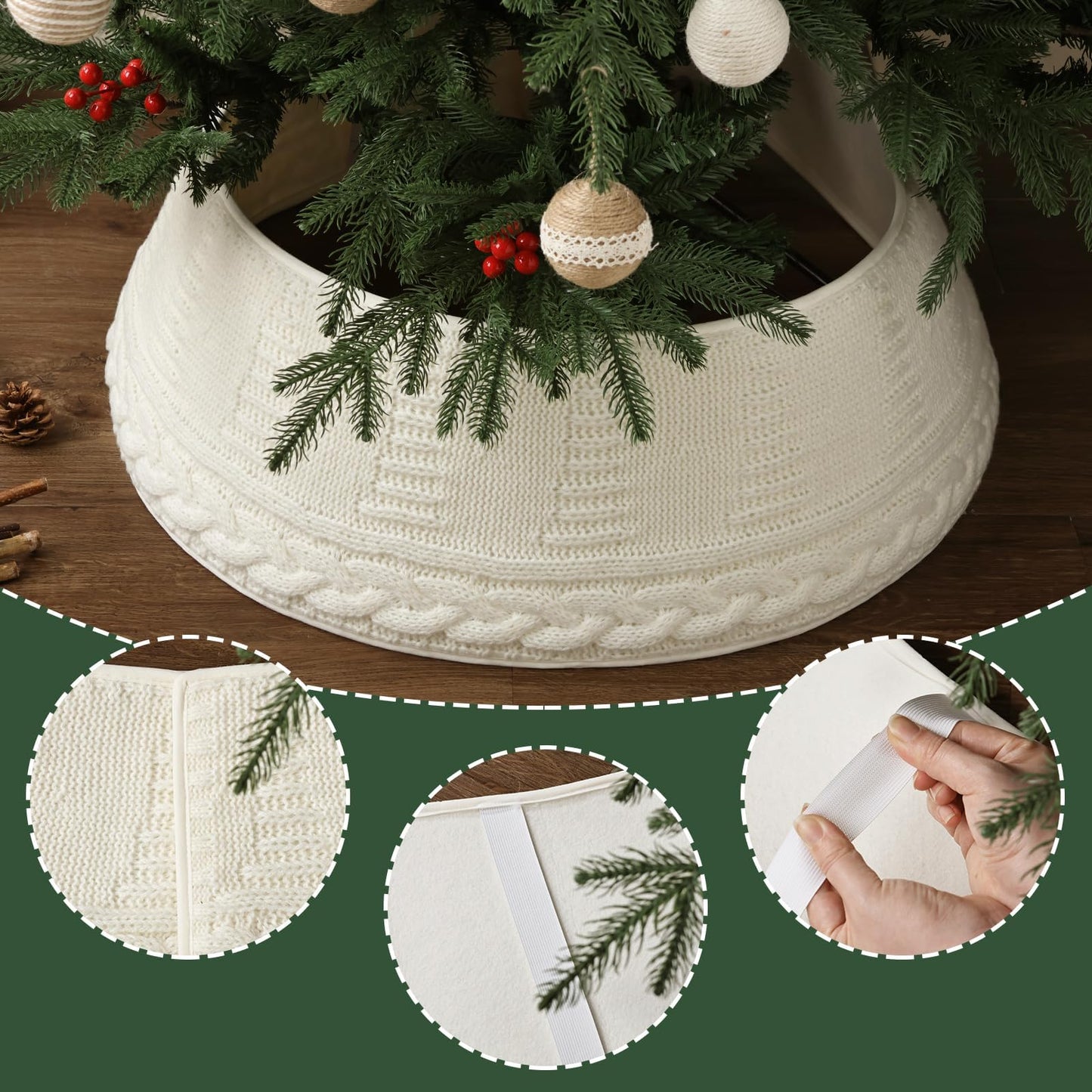 Knitted Christmas Tree Collar: Cream Chunky Cable Knit Christmas Tree Collar for Artificial Trees, Size Adjustable Rustic Farmhouse Tree Ring Skirt for Merry Christmas Holiday Home Decor Party Gifts
