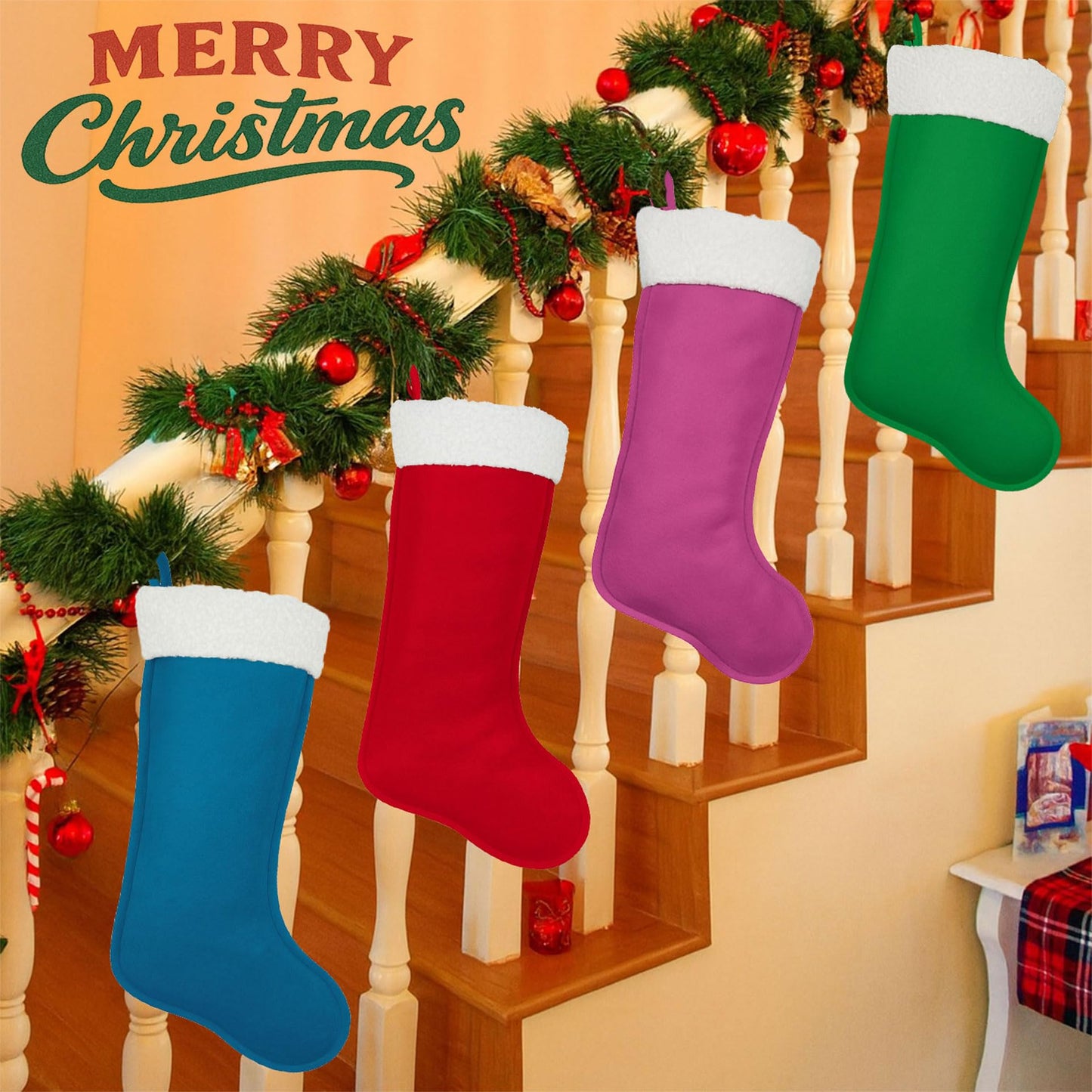 LinaGarten Traditional Christmas Stockings for Family Holiday Decorations and Xmas Tree Fireplace (6, Navy Blue-Grain-Large)