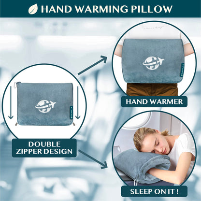 PAVILIA Travel Blanket and Pillow, Arms Opening Airplane Blankets for Adults, Compact Plane Blanket with Arm Hole 2-in-1 Bag for Flight Car Camping Fit in Luggage Backpack Traveler Gift, Blue