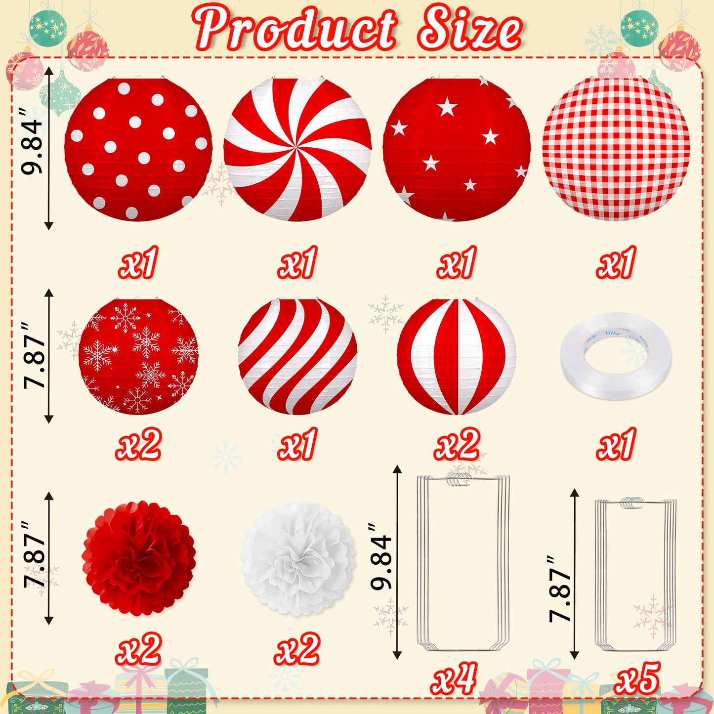 Renbuzhu 13PCS Christmas Decorations Ornaments Set – 9 Red White Hanging Paper Lanterns, 4 Pom Poms for Indoor, Home, Xmas Party, Porch Decor