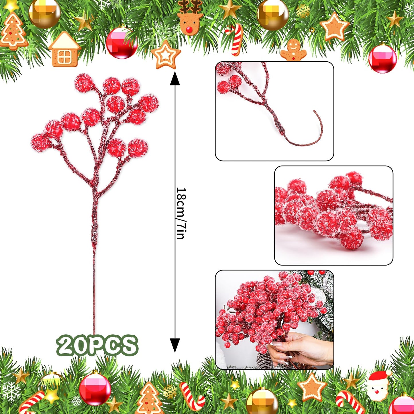 Fangoo 20 Pack 7 Inch Artificial Red Berry Picks for Christmas Tree Burgundy Red Berries Stems Holly Berry Branches Ornaments Wreath Crafts Wedding Holiday Season Winter Home Decor (Sprays Snow Red)