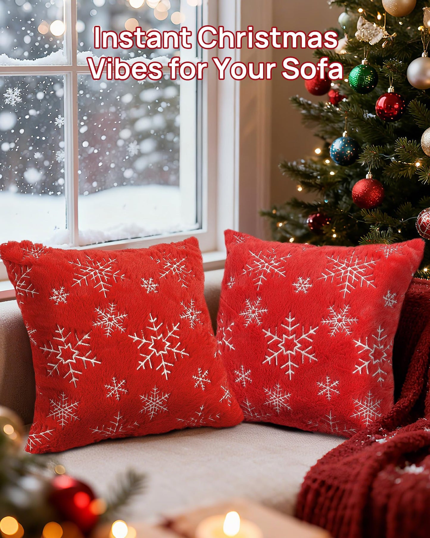 Feagar Christmas Pillow Covers 18x18 2-Pack, Xmas Decorations Soft Plush Faux Fur Wool Snowflake Throw Pillow Cases Holiday Festivals Winter Home Decor for Sofa Bedroom Living Room