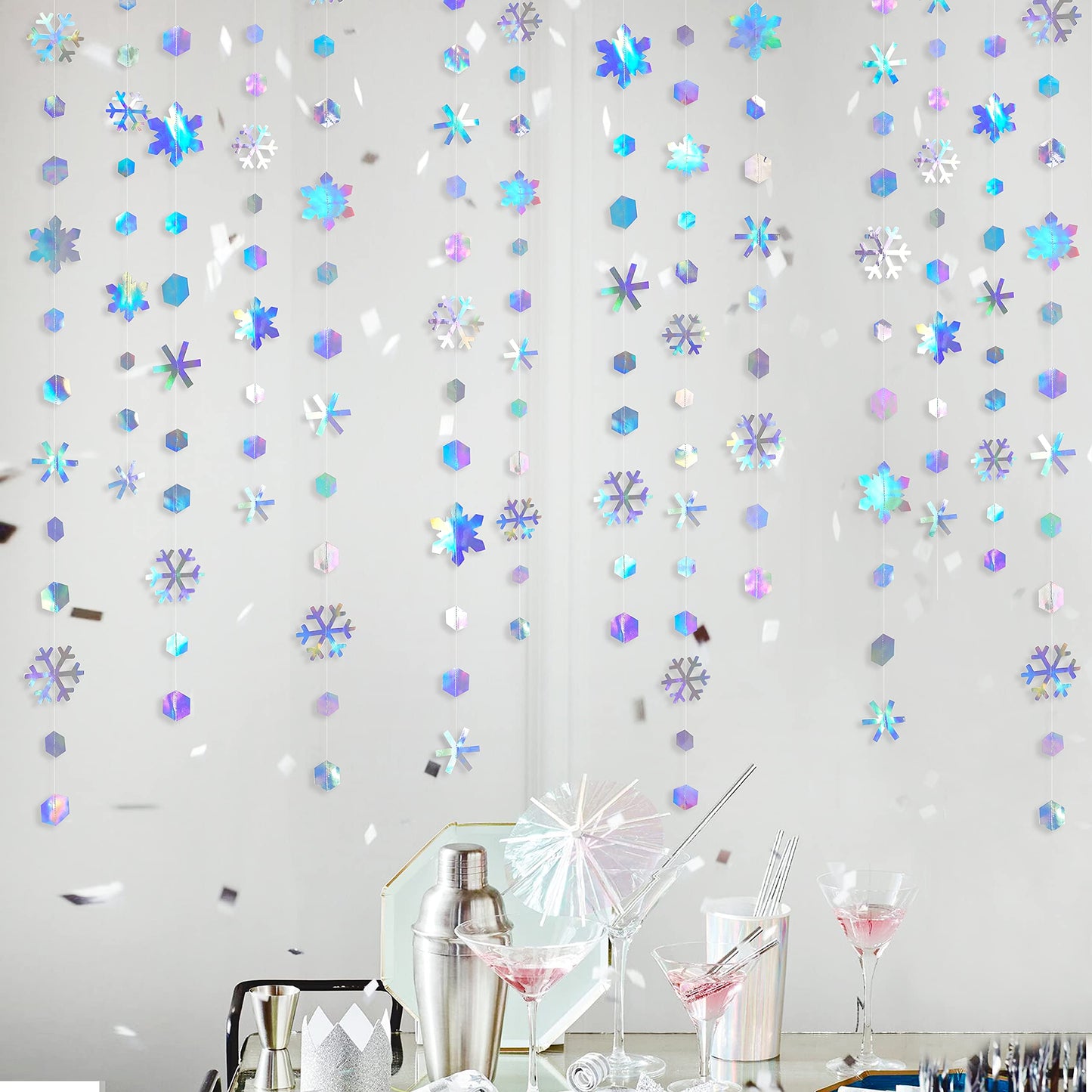 Clearance Winter Wonderland Party Decorations Iridescent Snowflake Garland Holographic Paper Snowflake Streamer for Winter Onederland Christmas Frozen Birthday Wedding Bridal Shower Party Supplies