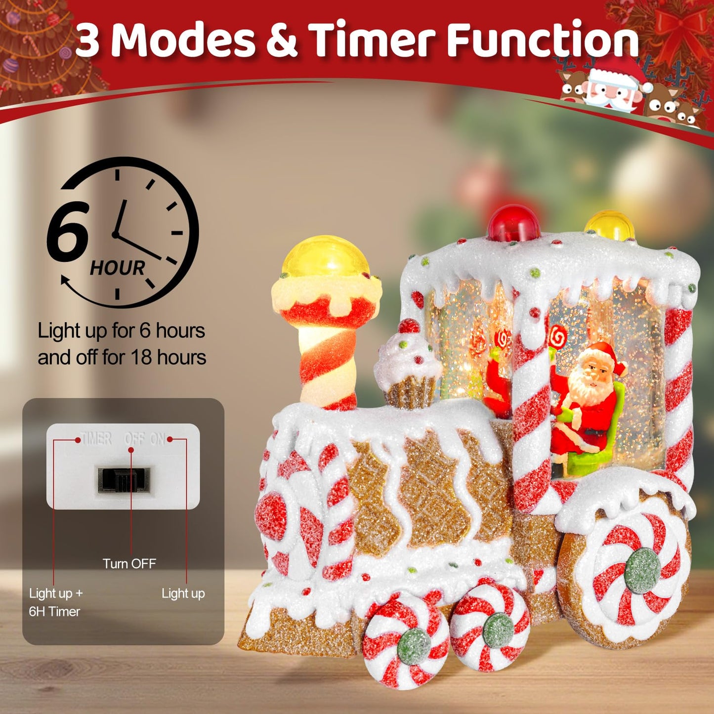 Christmas Snow Globes Dessert Train Water Glittering Lantern with 6H Timer Function Santa Snow Globe Christmas 3 AA Battery Operated for Xmas Festival Decorations Gifts (Dessert Train)
