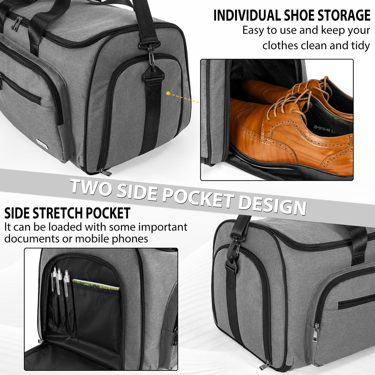 AKOZLIN Convertible Garment Bag for Travel 3 in 1 Carry On Garment Duffle Bag with Shoes Compartment Hanging Suitcase Suit Travel Storage Bags For Men Women Grey