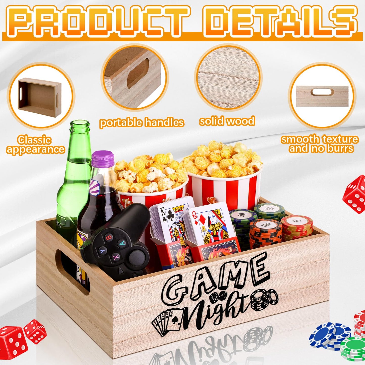Movie Night Supplies Snack Trays with Handles Reusable Wooden Movie Gift Basket for Theater Popcorn Bucket Bowl Box Container Family Room Decor(Game Night)