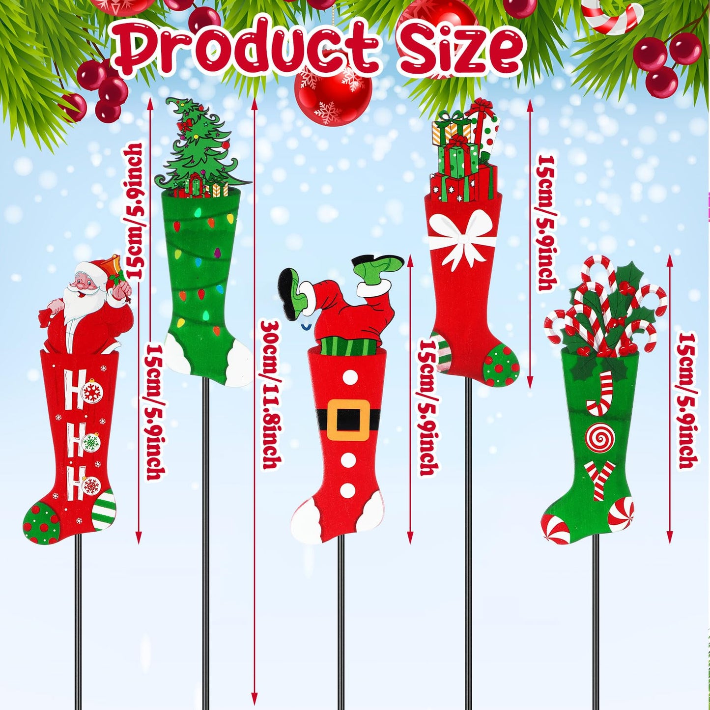 Roowest 5 Pack 12'' H Metal Christmas Yard Stakes Outdoor Decorations Red and Green Christmas Stocking Elf Santa Signs Winter Potted Plant Stakes for Holiday Lawn Garden Home Porch Party Decor
