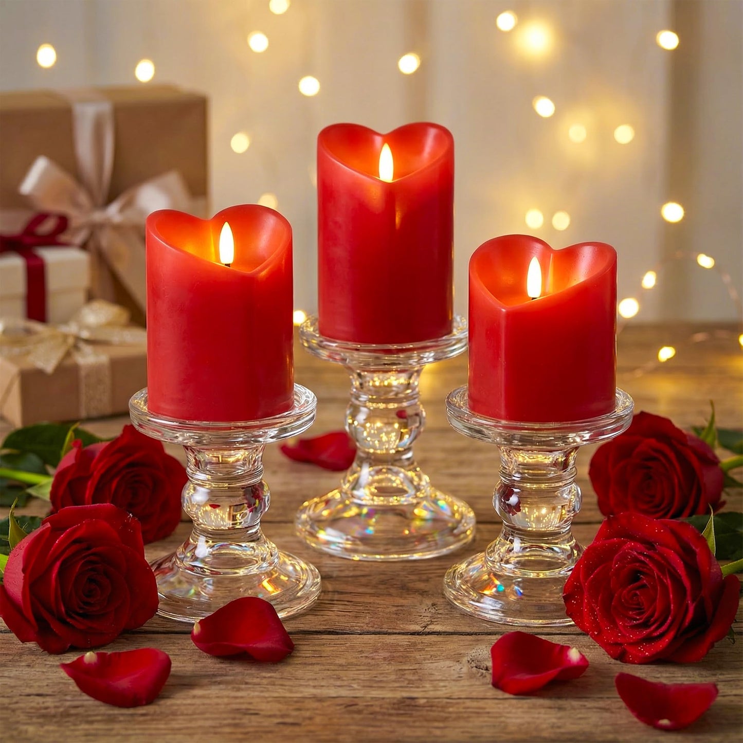 AFINETH Valentines Day Flameless Candles with Remote, Heart Shaped Candles Battery Operated 3 Pack Red LED Pillar Candles for Wedding Proposal Anniversary Romantic Night