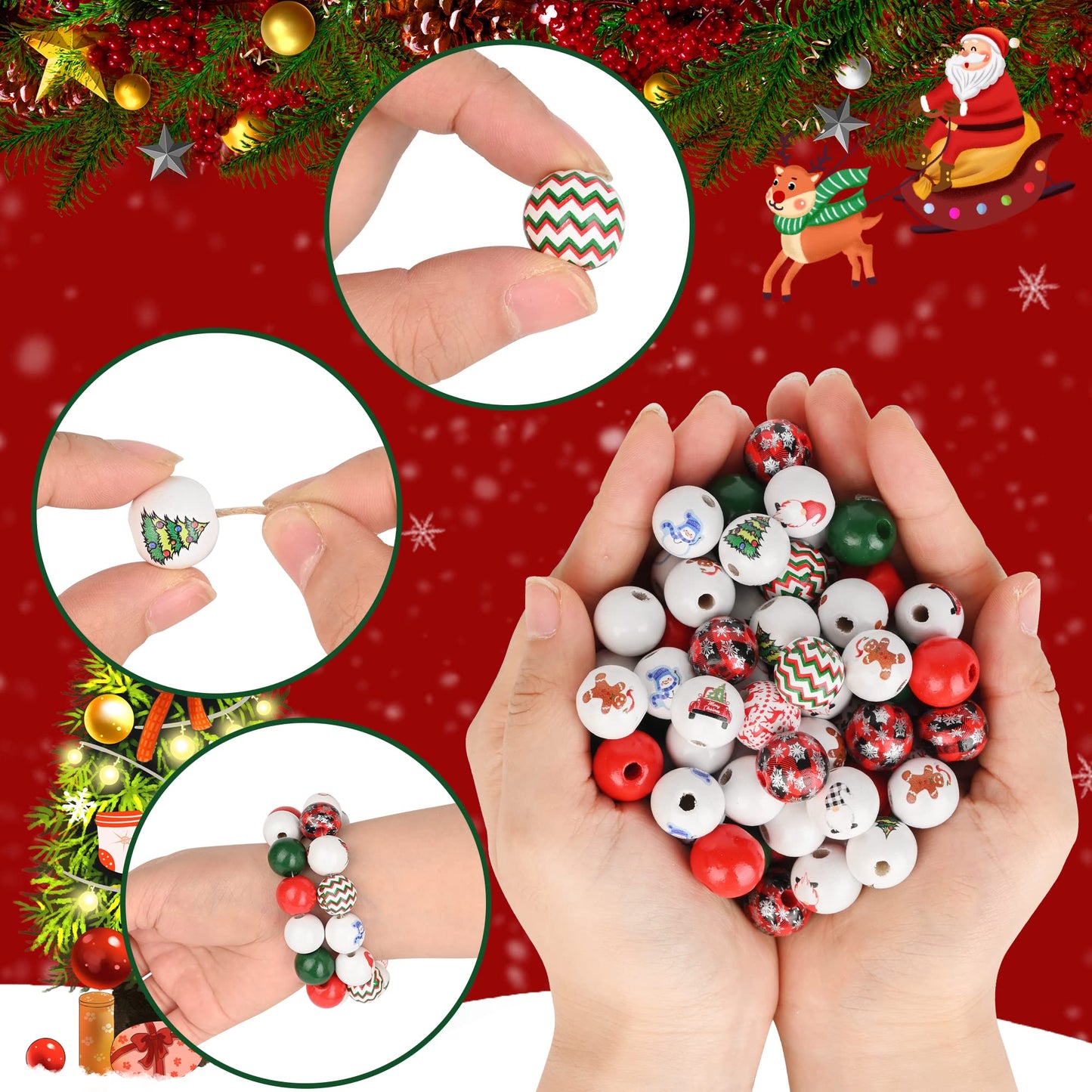 150 Pieces Christmas Wooden Beads Xmas Decorations DIY Craft Wood Bead Snowman gnome Gingerbread Candy Deer Spacer Bubblegum Beads Bulk for Tree Hanging Garland Jewelry Making Home Decor