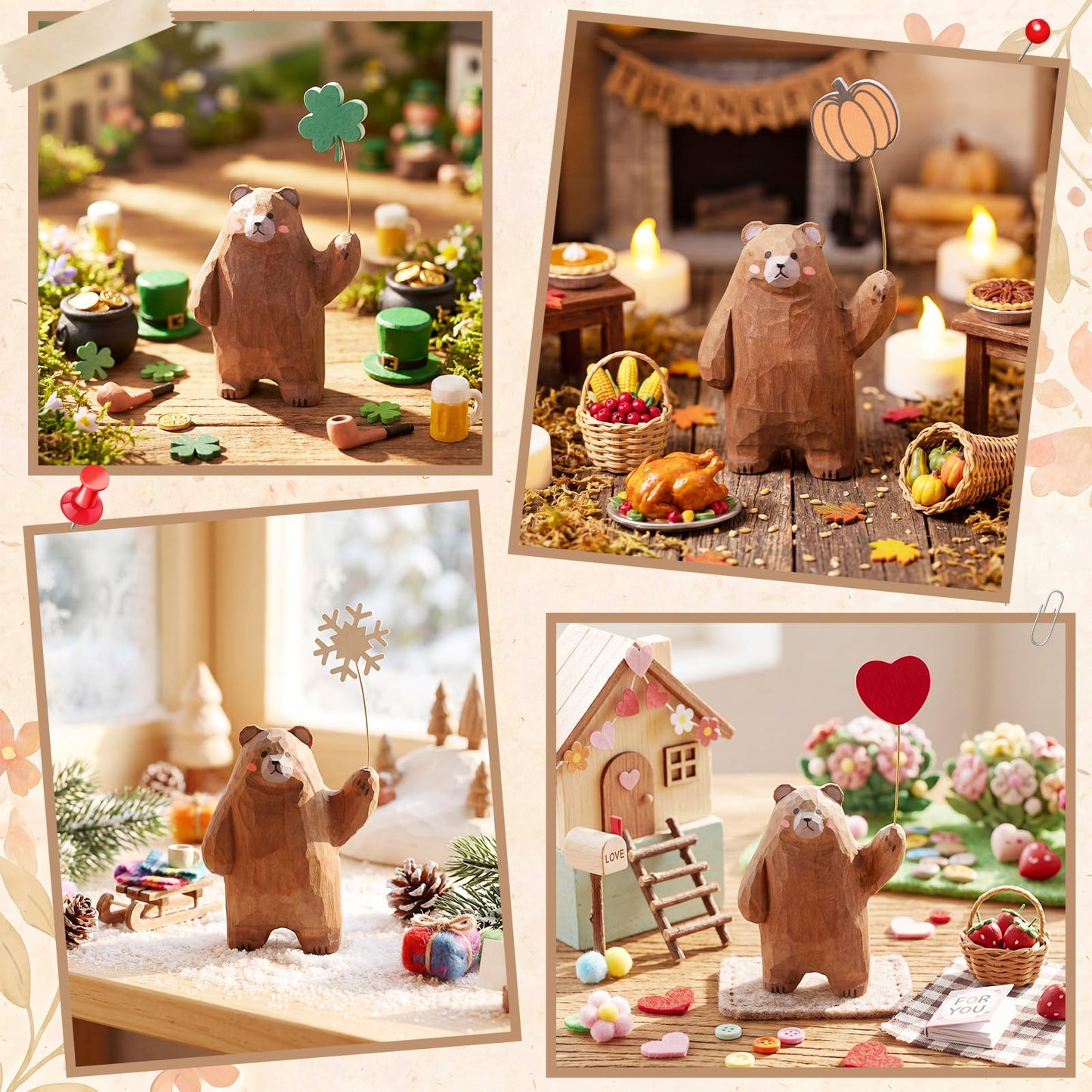 Novabright 13 Pcs Interchangeable Seasonal Tabletop Sign 4th of July Wooden Brown Bear Decor Mini Standing Signs Farmhouse Convertible Holiday Wood Welcome Sign for Summer Independence Day Table Decor