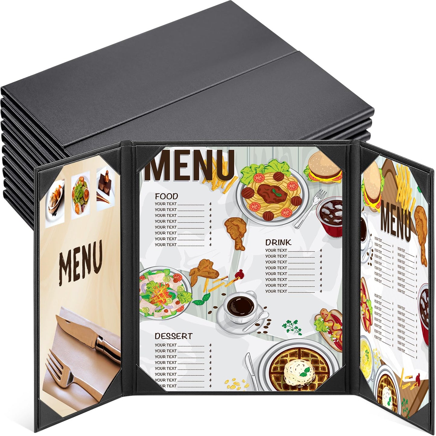 Jexine 10 Pcs Folding Model Menu Covers Holders for 8.5 x 11 Inch and 4.25 x 11 Inch, Waterproof Restaurant Black Leather Menu Covers Holders for Wine List, Drinks, Cafes, Bar, Hotel