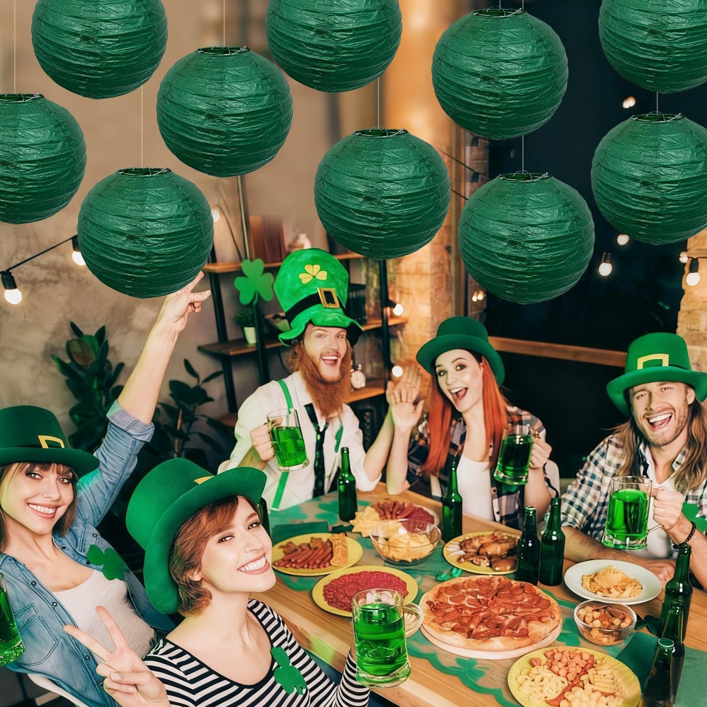 Christmas Green Paper Lanterns Hanging Ceiling Round Lanterns for Spring Theme Christmas Home Decorations 10 PCS