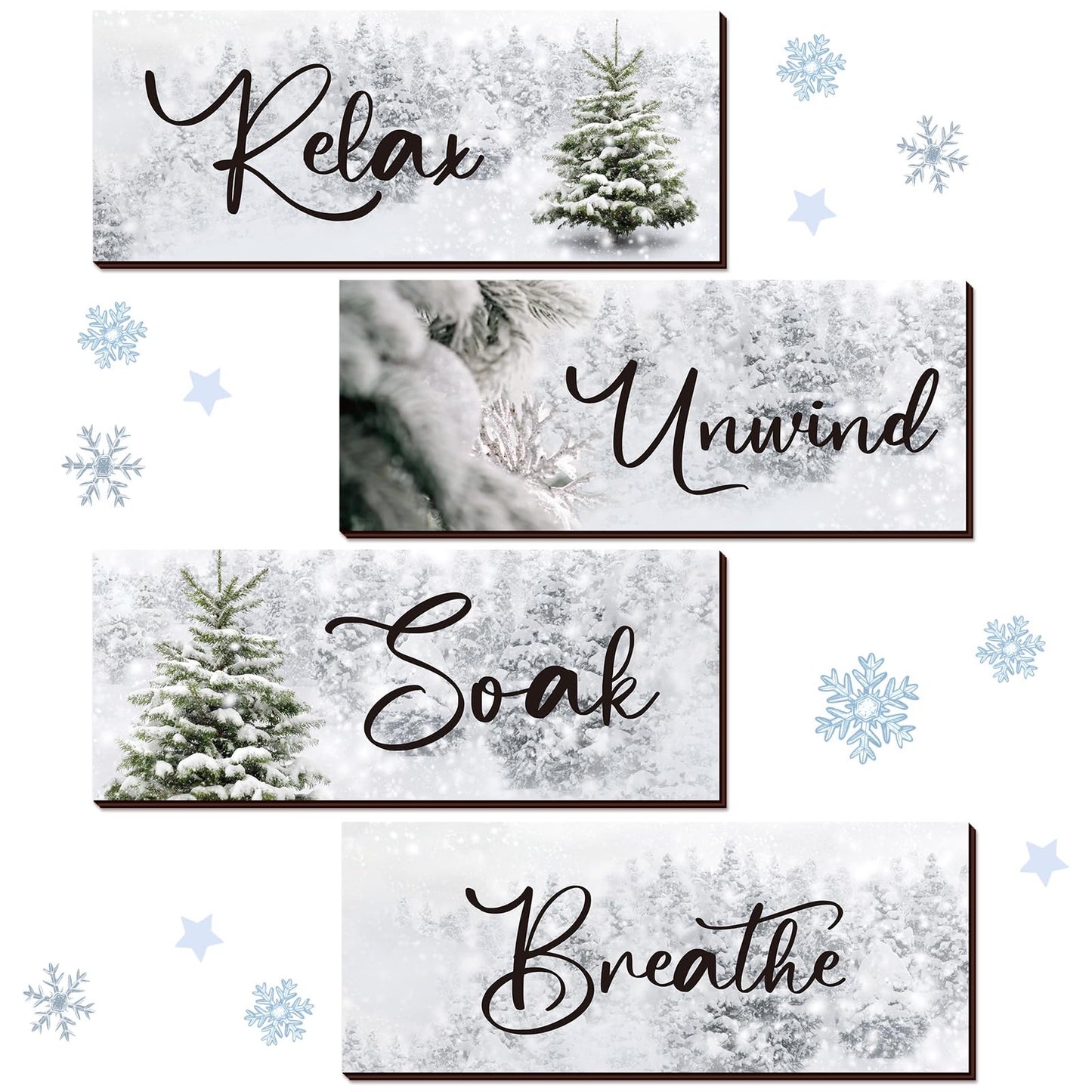 Huwena 4 Pcs Winter Bathroom Wall Decor Winter Wooden Decor Relax Soak Breathe Unwind Art Hanging Wall Pediments Rustic Xmas Wooden Sign for Xmas Home Living Room Laundry Spa(Tree)