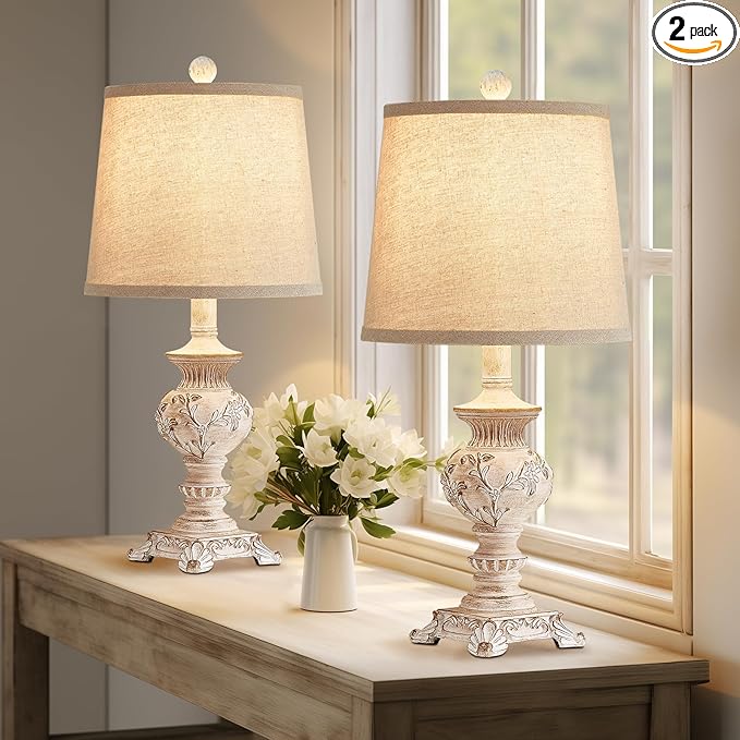 21'' Small Table Lamps for Bedroom Bedside Lamps Set of 2 Farmhouse Nightstand Lamps with Carved Floral Vintage Side Table Lamps for Living Room Kids Office, White, Bulb Not Include