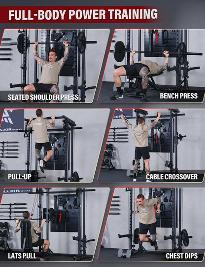 Major Fitness Drone3 Smith Machine with Weight Bench, All-in-One Home Gym Squat Rack with Cable Crossover & Pull-Up Station, Heavy-Duty Full-Body Workout for Strength Training, Black