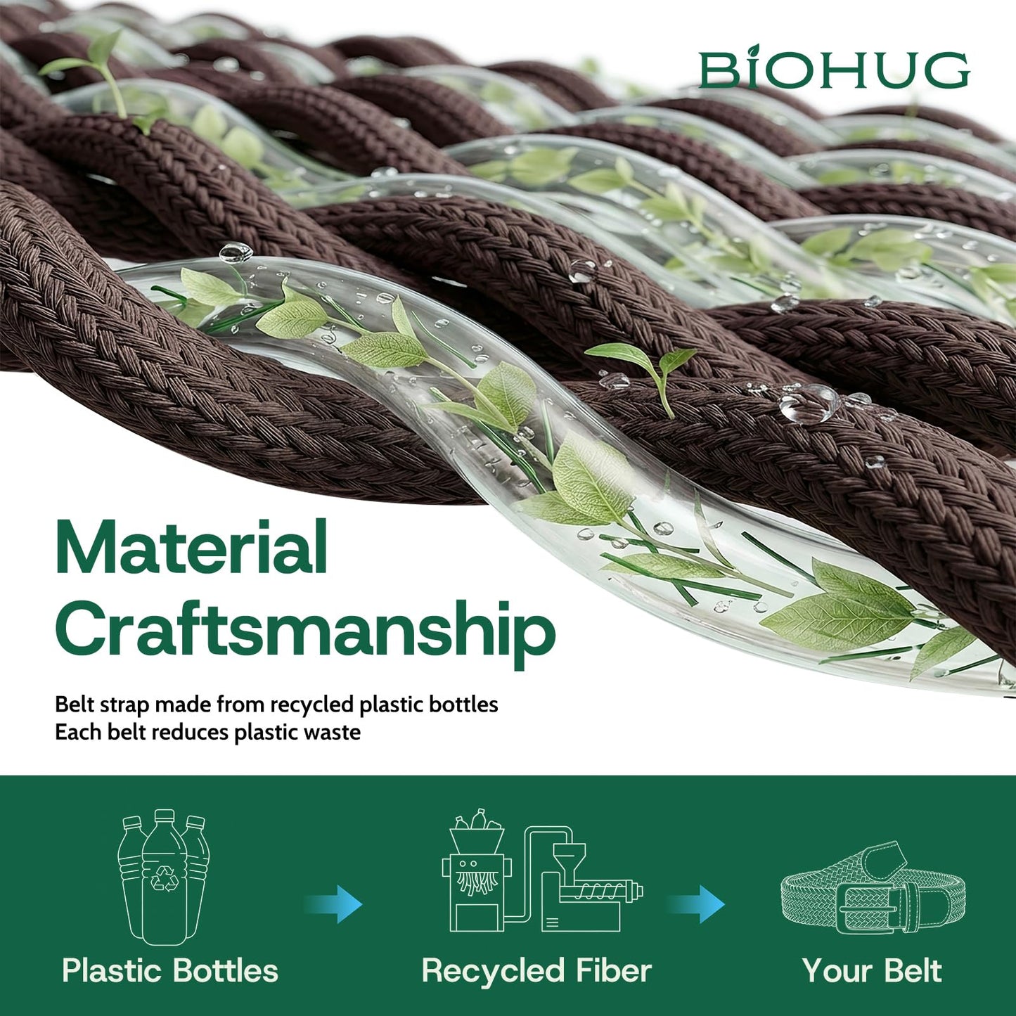 BIOHUG Men's Elastic Braided Belt Eco-Friendly Recycled Fabric Stretch Woven Belt for Jeans Pants,Golf Casual Wear 1.34" Width Dark Brown