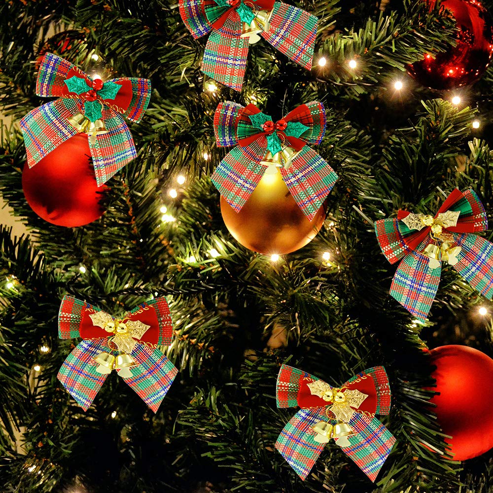 YBB 12 Pack Christmas Red Green Plaid Tree Bows, Linen Bowknot Wreath Bow with Jingle Bells for Christmas Garland Tree, Crafts, Wrapping, Wreath Xmas Hanging Ornaments Decor