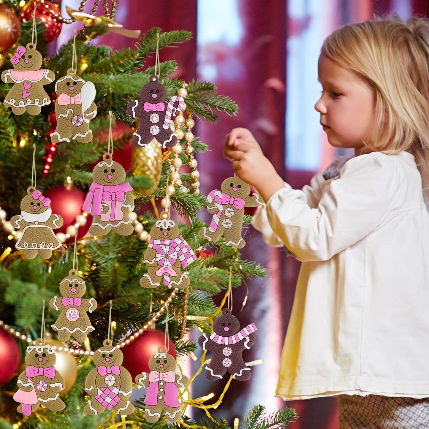Gingerbread Man Ornaments Christmas Tree Decorations - 12pcs Pink Gingerbread Man Christmas Decorations Hanging Ornaments for Holiday Xmas Tree Home Decor