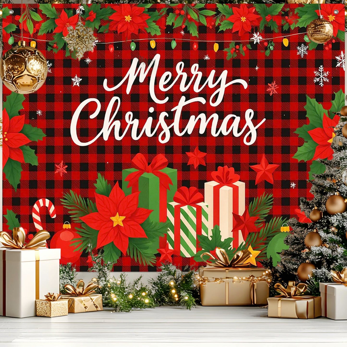 HOMETITUTE Red Black Plaid Merry Christmas Backdrop 8×6ft Holiday Photo Background Buffalo Check Party Decoration Banner with Gifts Poinsettia Greenery and Snowflakes
