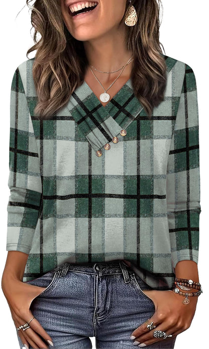 WIHOLL Long Sleeve Shirts for Women Fall Outfits V Neck T Shirts Button Down Tunic Tops Fashion Clothing