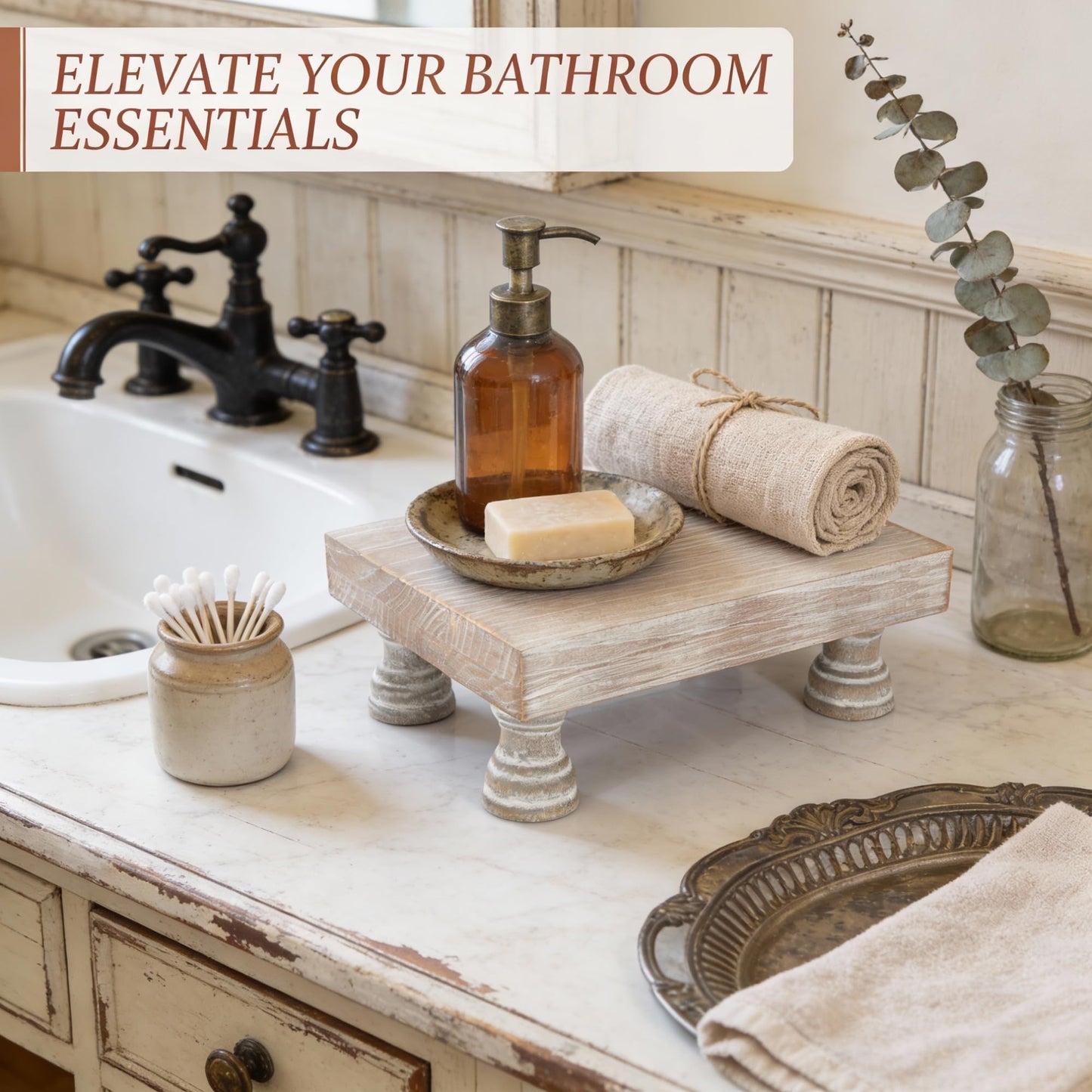 EOSAHR Farmhouse Riser for Room Decor : Decorative Pedestal Stand For Display Your Home Decorations and Uniquely Soap Stand - Rustic Bathroom Counter Tray and Kitchen Decor (Natural Wood)
