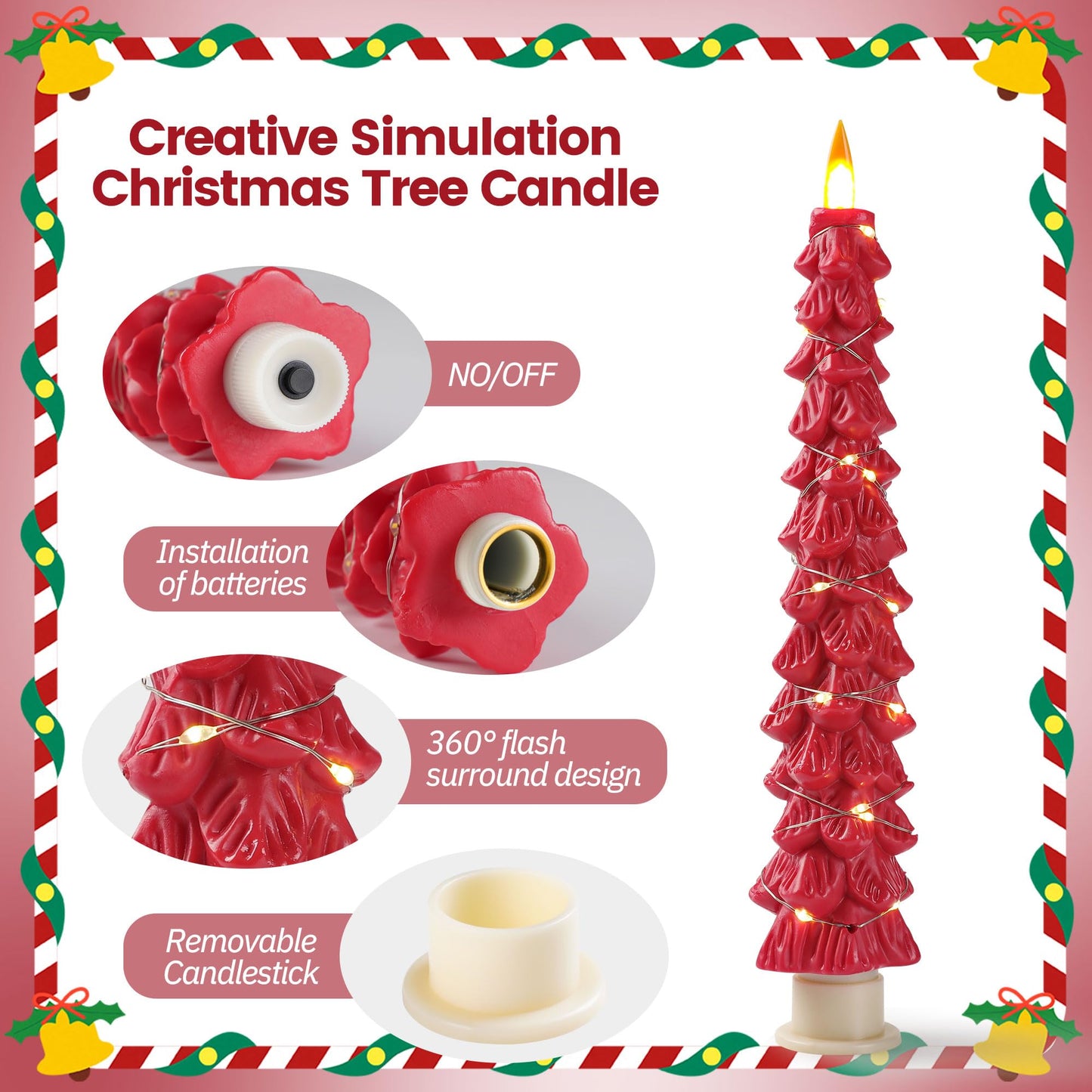 Da by 2 Pack Red Christmas Tree LED Taper Candles, Flameless Candles with Surrounding Copper String Lights, Upgraded Realistic Flickering Flame, Battery Operated with Remote for Christmas Home Decor