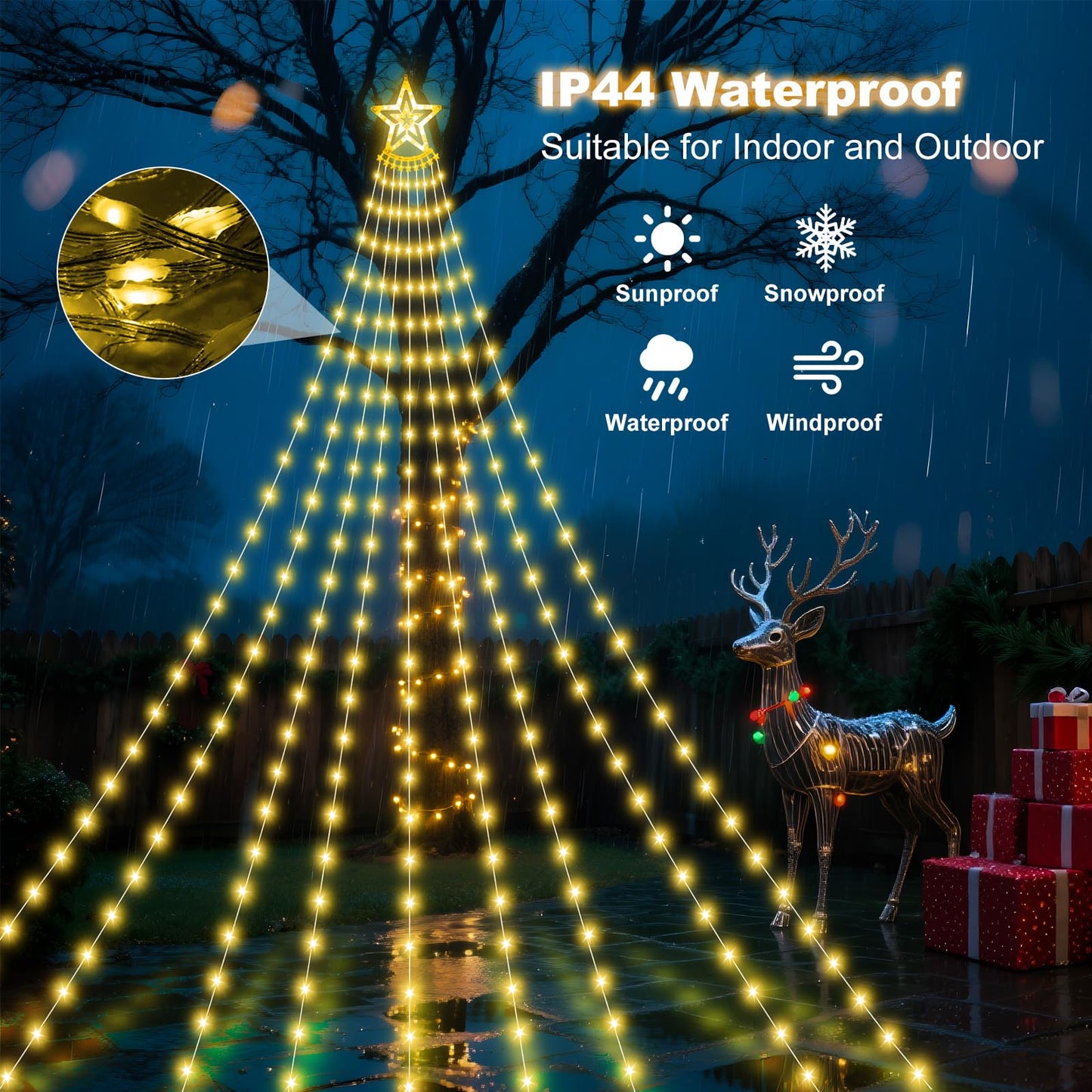 Solar Christmas Decorations Tree Lights Outdoor, 18.37ft 532LED Waterfall String Lights with 8 Modes Timer Remote Xmas Lights USB Powered for Garden Yard Patio Home Holiday Party Decor, Warm White